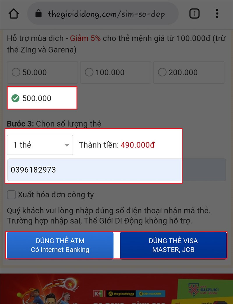 alt text: Giao diện chọn mệnh giá và thanh toán thẻ Garena