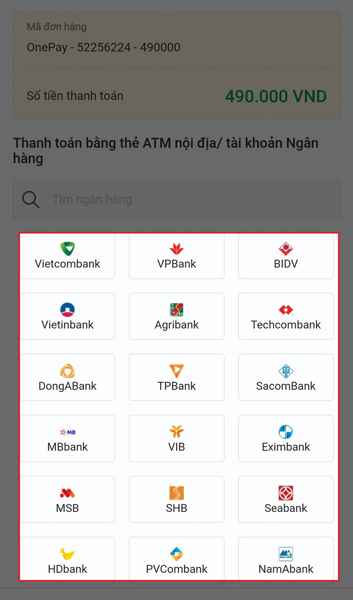 alt text: Giao diện chọn ngân hàng thanh toán