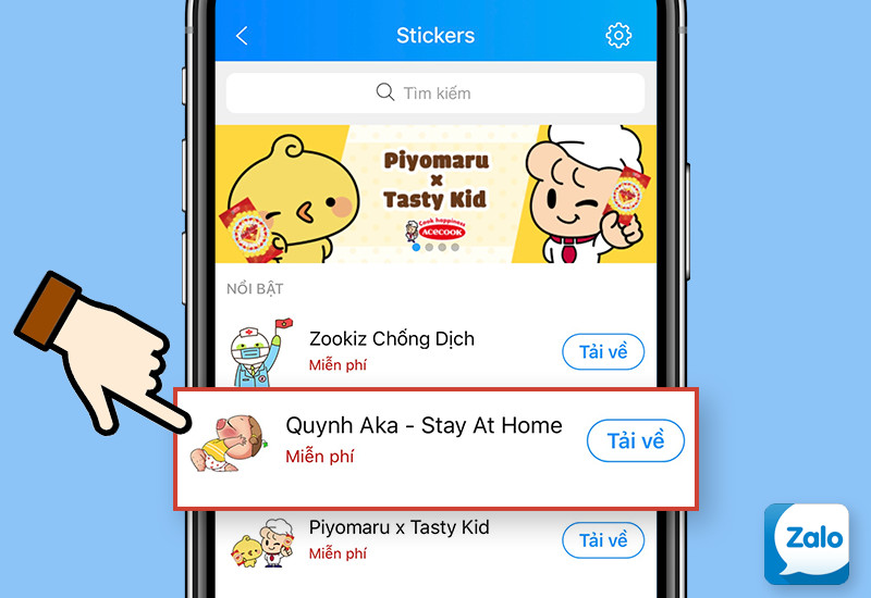 alt text: Giao diện cửa hàng sticker Zalo với nhiều bộ sticker đa dạng