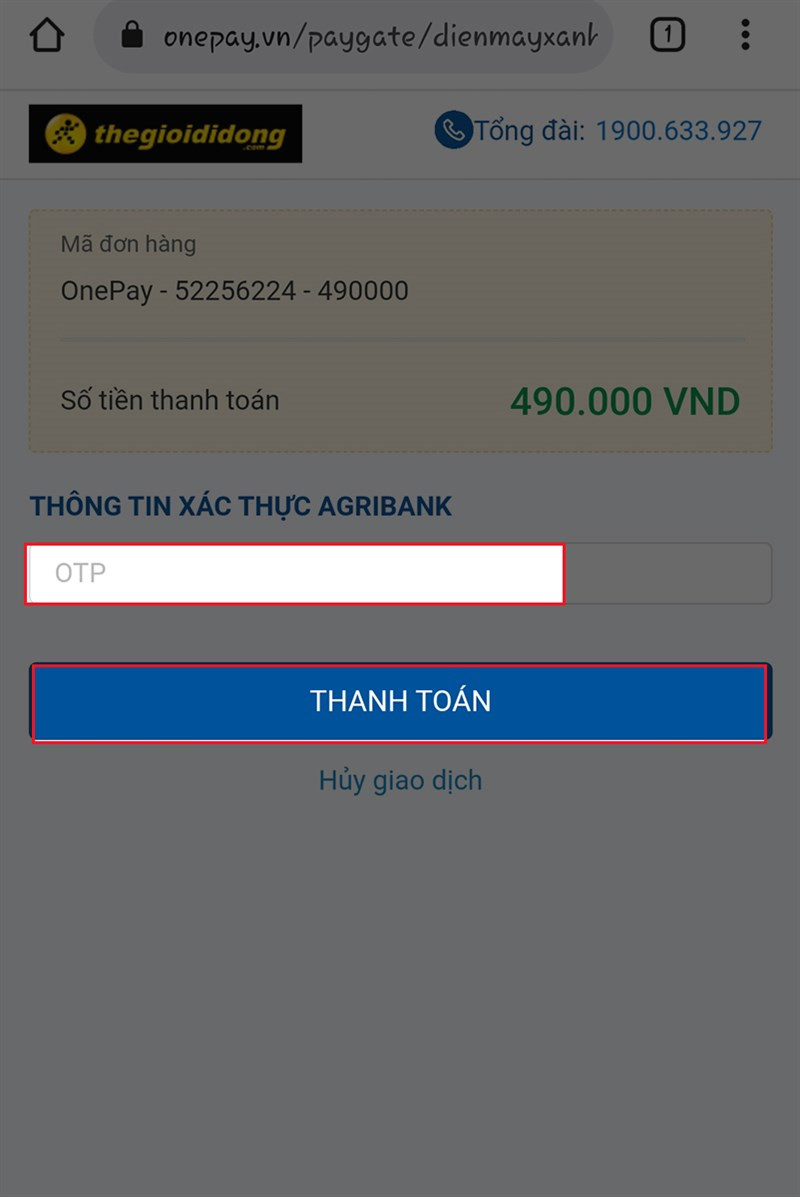 alt text: Giao diện nhập mã OTP