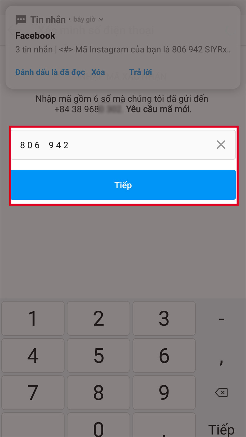 alt text: Giao diện nhập mã xác nhận số điện thoại trên Instagram
