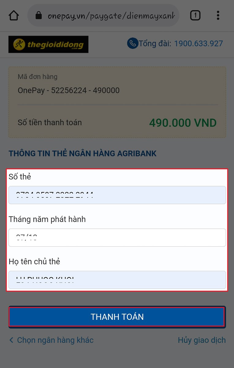 alt text: Giao diện nhập thông tin thẻ ngân hàng