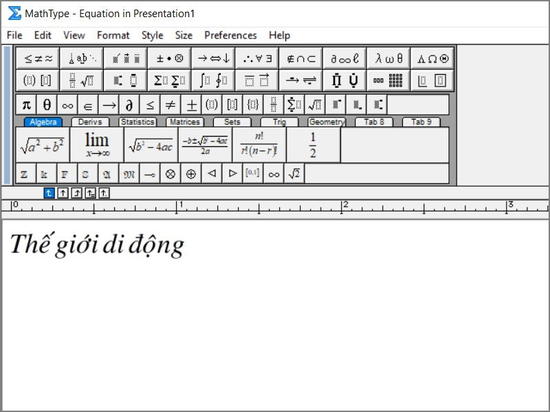 alt text: Giao diện phần mềm MathType với công thức toán học và tiếng Việt