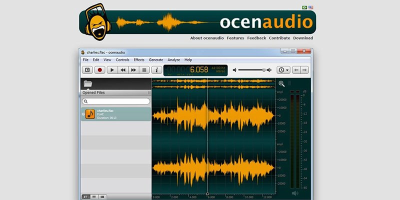 alt text: Giao diện phần mềm Ocenaudio hiển thị dạng sóng âm thanh