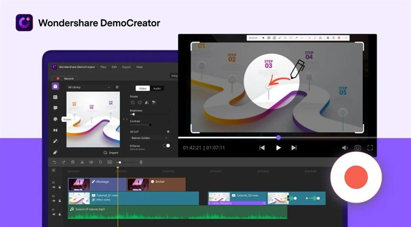 alt text: Giao diện phần mềm Wondershare DemoCreator với các tính năng ghi âm và quay màn hình