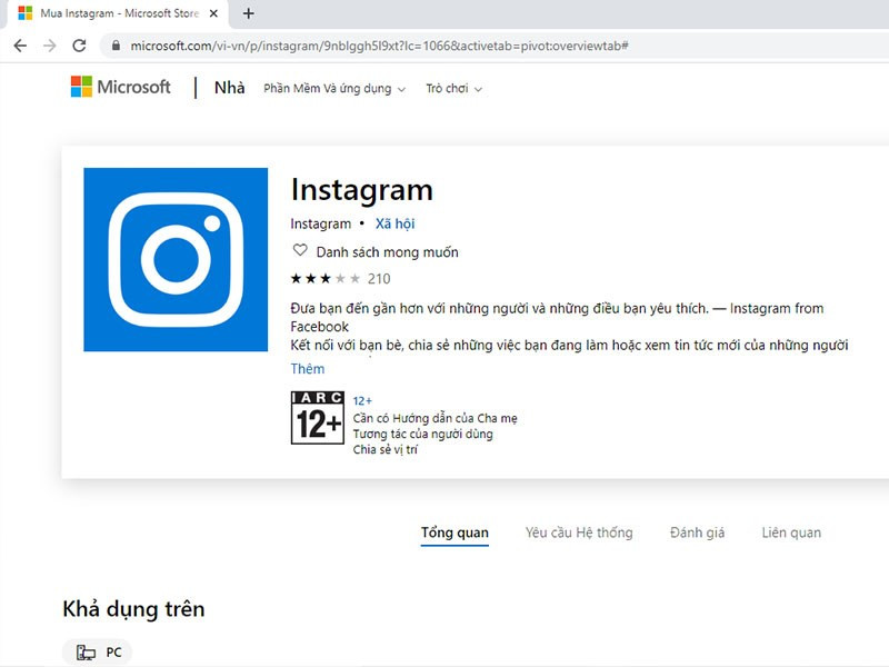 alt text: Giao diện ứng dụng Instagram trên Microsoft Store