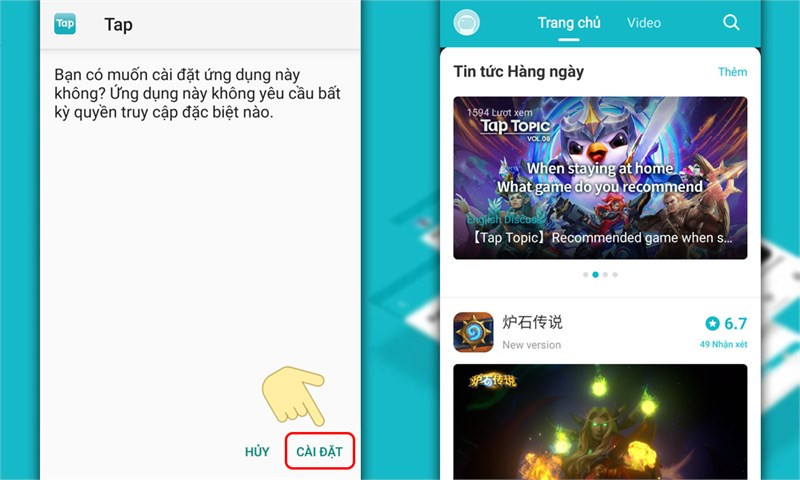 alt text: Giao diện xác nhận cài đặt ứng dụng TapTap.