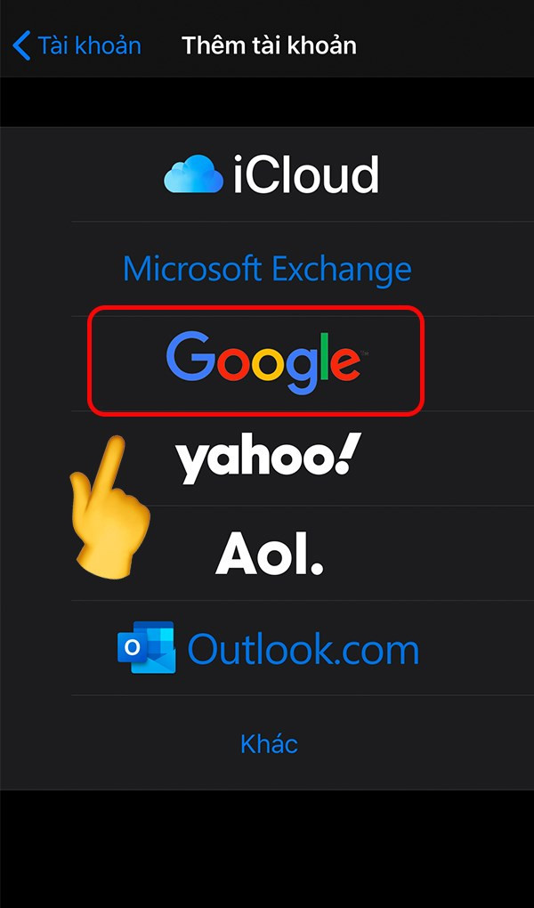 alt text: Hình ảnh màn hình iPhone hiển thị lựa chọn thêm tài khoản Google