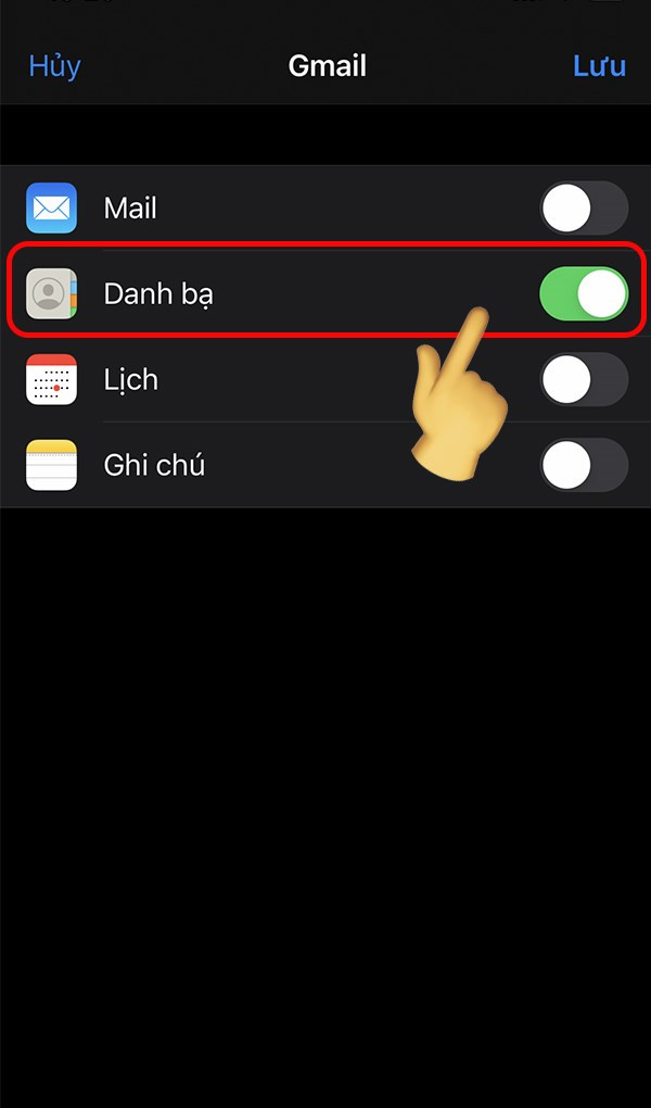 alt text: Hình ảnh màn hình iPhone hiển thị mục Danh bạ được bật trong cài đặt Gmail