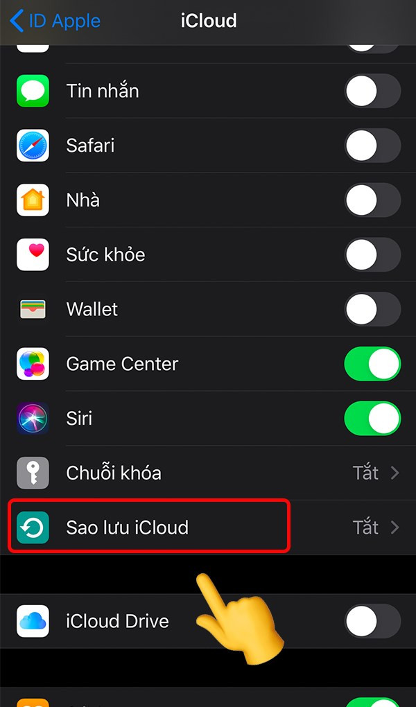 alt text: Hình ảnh màn hình iPhone hiển thị mục Sao lưu iCloud