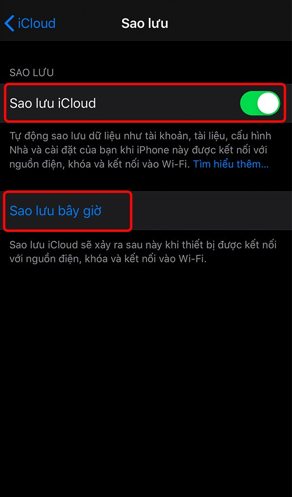 alt text: Hình ảnh màn hình iPhone hiển thị nút Sao lưu Bây giờ