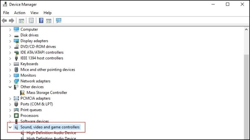 alt text: Kiểm tra driver âm thanh trong Device Manager