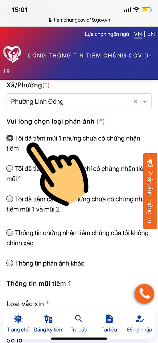 Alt text: Lựa chọn lý do phản ánh