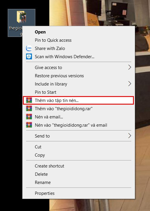 Alt text: Nhấn chuột phải vào file chọn thêm vào tập tin nén
