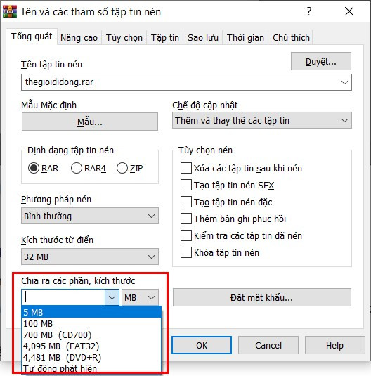 Alt text: Nhập kích thước bạn muốn chia nhỏ file