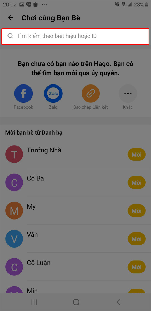 alt text: Nhập tên hoặc ID Hago để tìm kiếm bạn bè