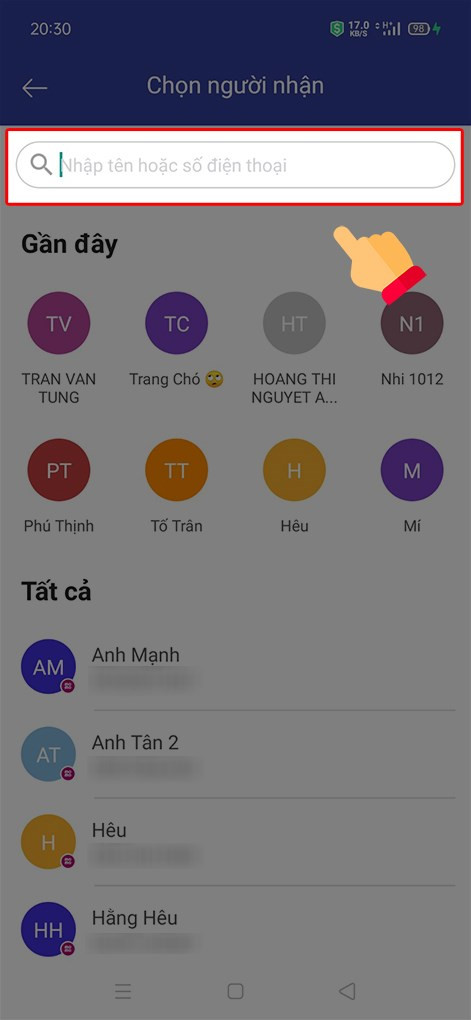 alt text: Nhập thông tin người nhận trên MoMo