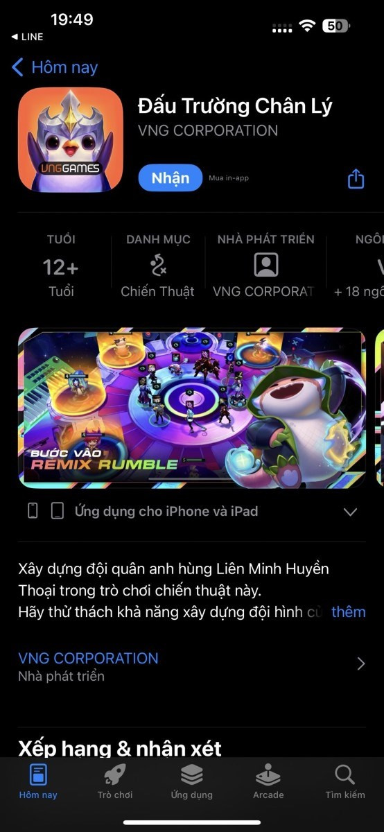 alt text: Nút Nhận Đấu Trường Chân Lý trên App Store