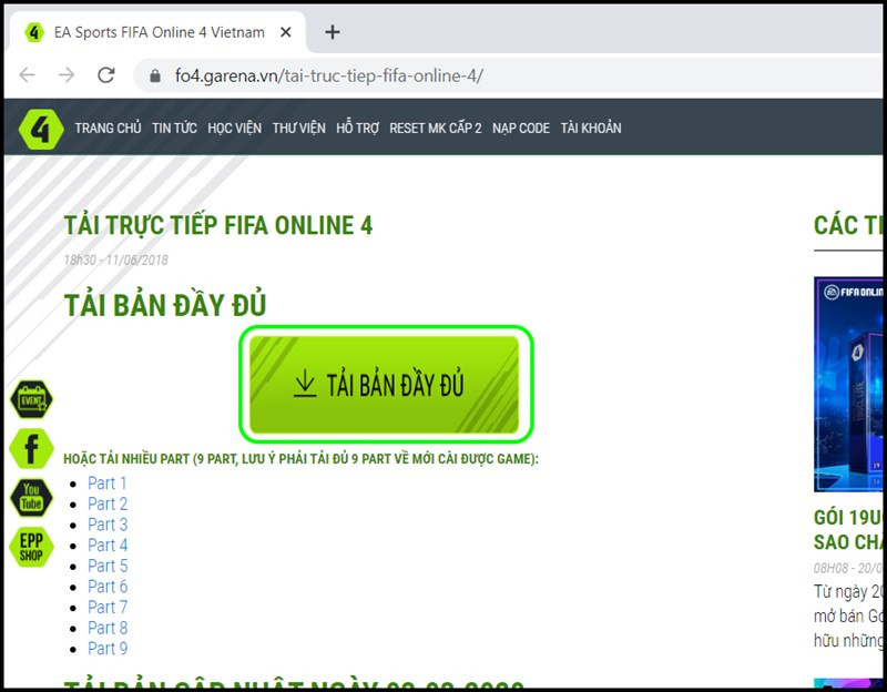 alt text: Nút tải game trên trang chủ FC Online