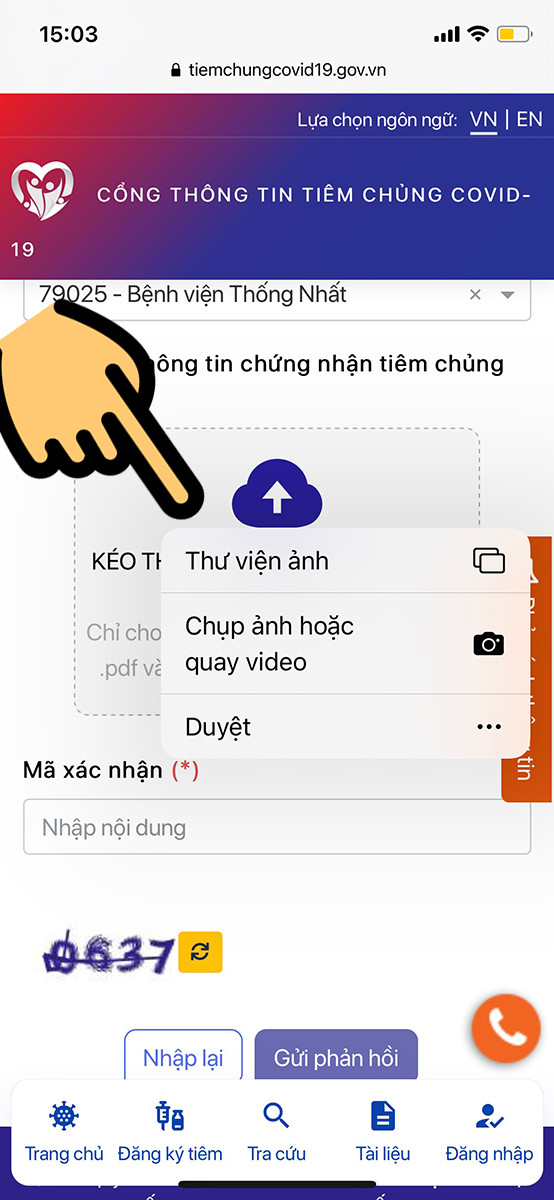 Alt text: Tải lên ảnh chứng nhận tiêm chủng