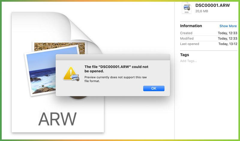alt text: Thông báo lỗi khi mở file ARW trên phần mềm không hỗ trợ