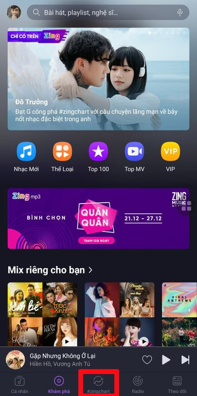 alt text: Vị trí mục #ZingChart trên ứng dụng Zing MP3