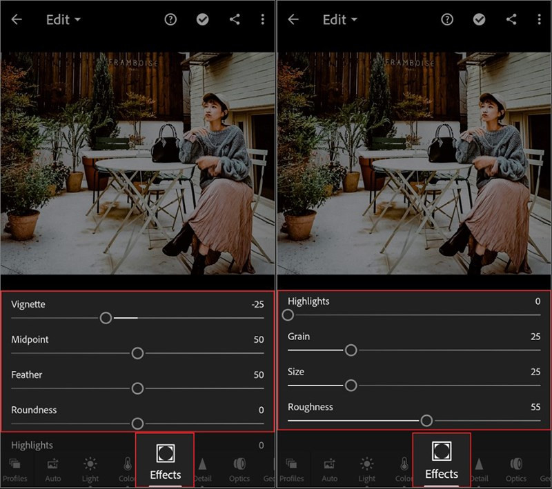 alt: Tối góc và hạt trong Lightroom Mobile