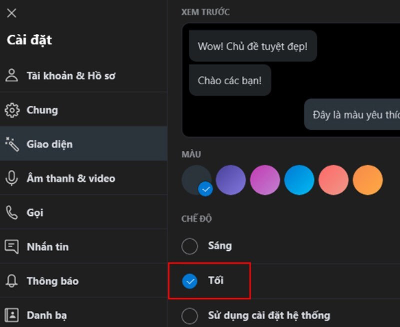 alt=Chế độ tối (Dark Mode) trên Skype