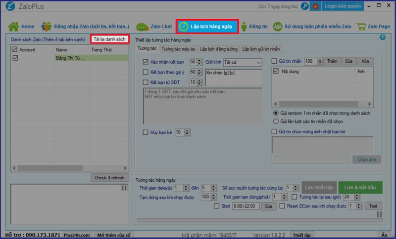 alt=Hình ảnh minh họa giao diện lập lịch hàng ngày trên ZaloPlus