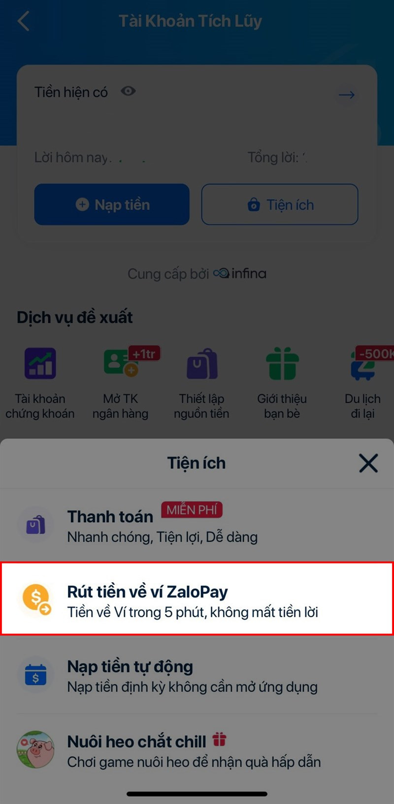 Ảnh chụp màn hình bước 3 rút tiền từ tài khoản tích lũy ZaloPay