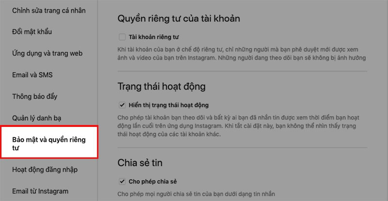 Bảo mật và quyền riêng tư Instagram web