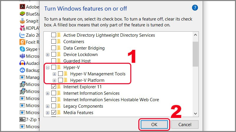 Bỏ dấu check ở mục Hyper - V 