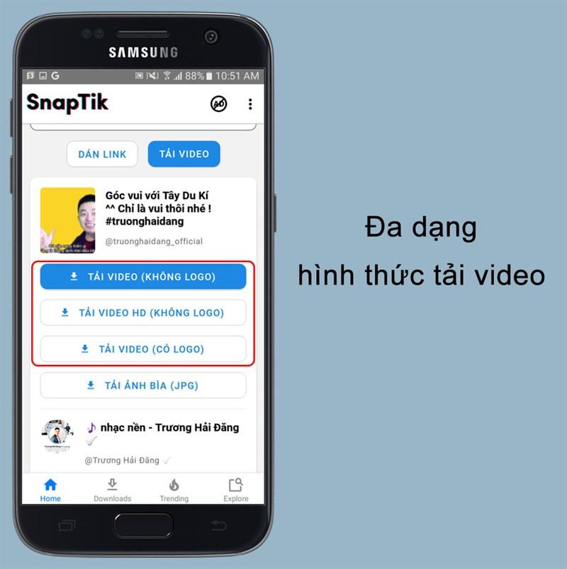 Các tùy chọn tải video trên SnapTik