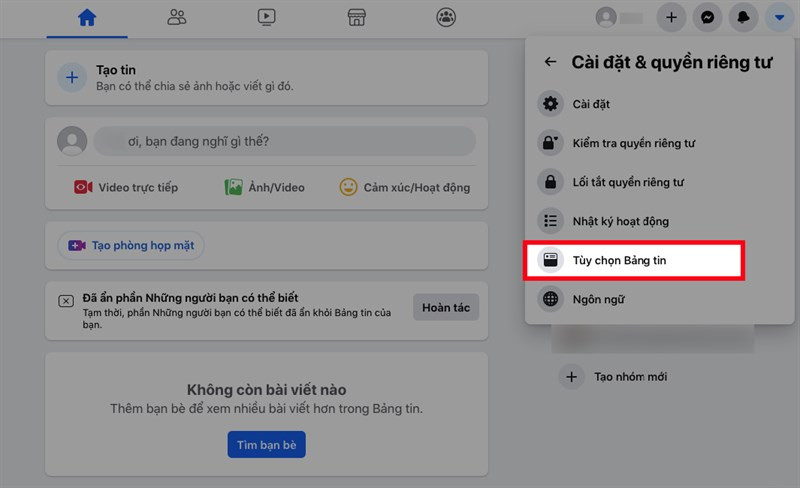 Cài đặt bảng tin trên Facebook máy tính