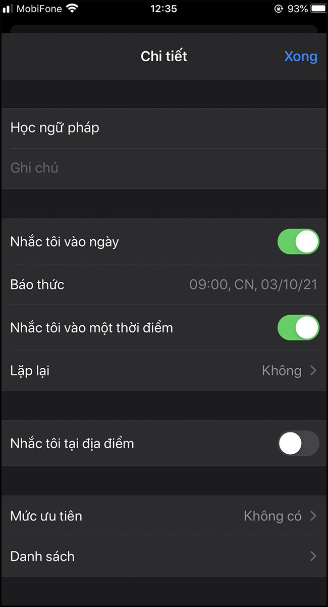 Cài đặt các công cụ chi tiết như : hẹn giờ, mức độ ưu tiên,.. cho lời nhắc