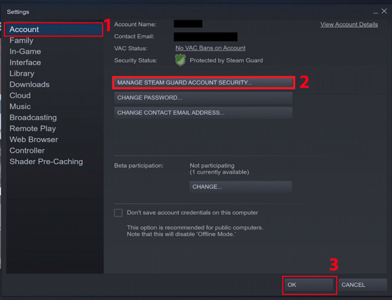 Chọn Account và Manage Steam Guard Account Security