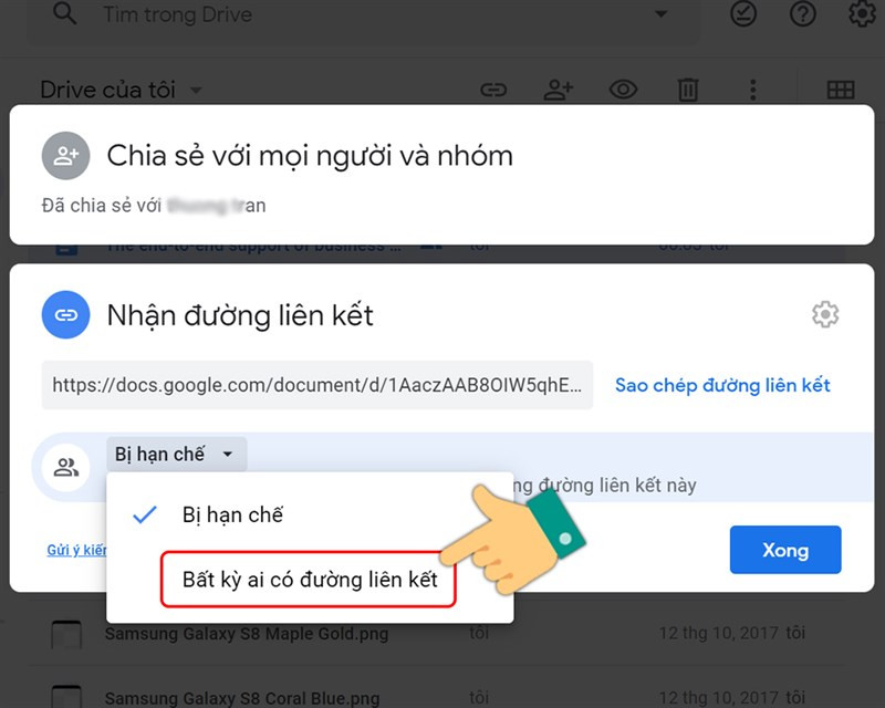 Chọn "Bất kỳ ai có đường liên kết" trên Google Drive