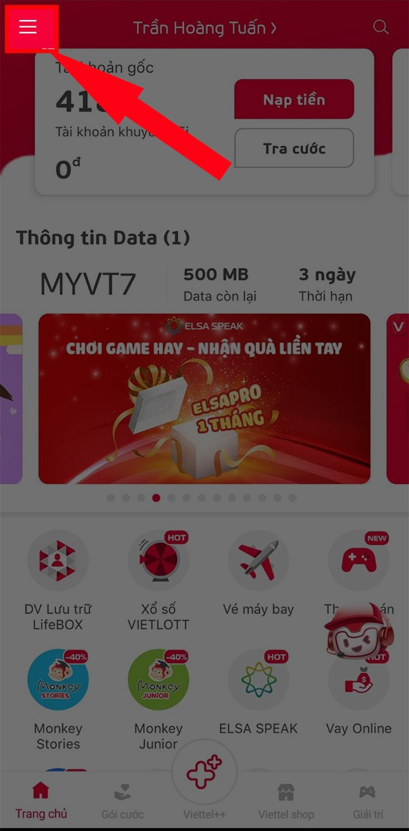 Chọn biểu tượng 3 gạch ngang trên My Viettel