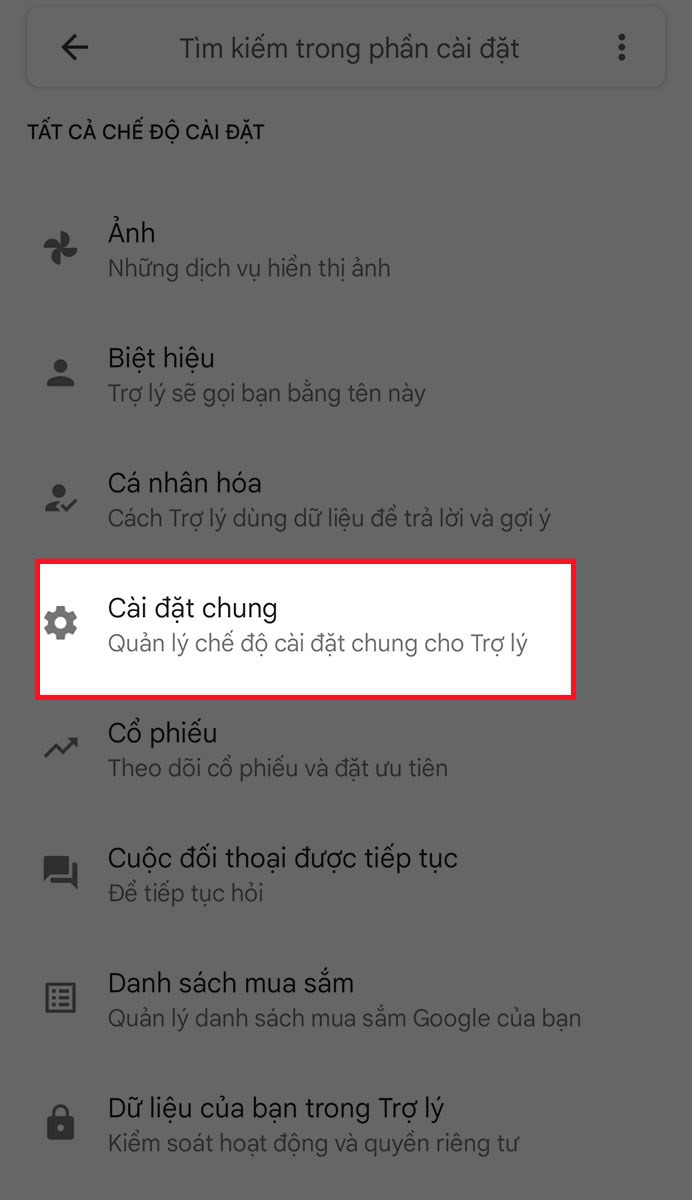 Chọn cài đặt chung