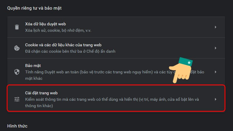 Chọn cài đặt trang web