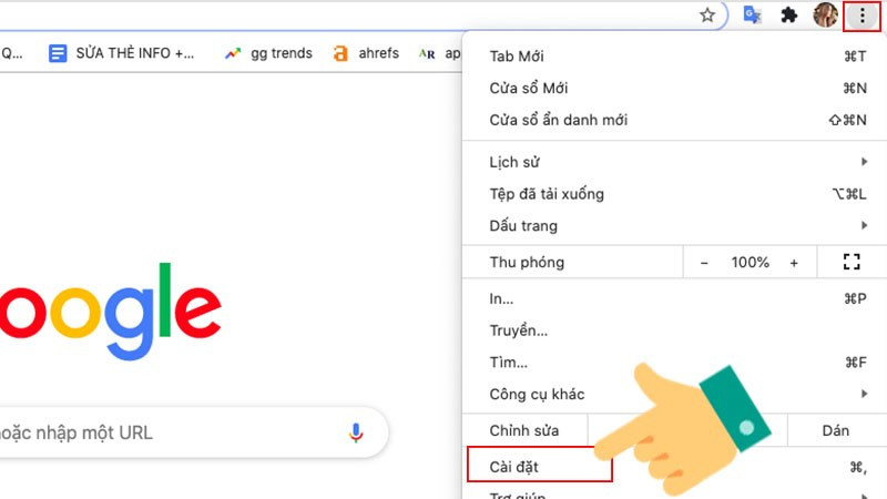 Chọn cài đặt trên Chrome