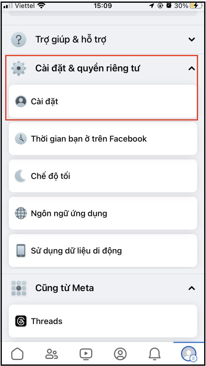 Chọn cài đặt trên facebook