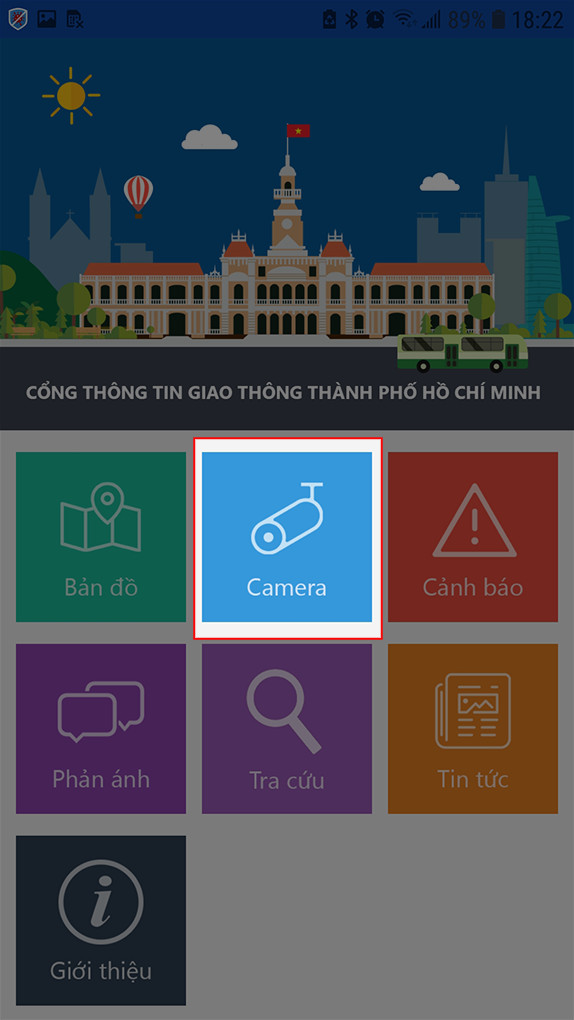 Chọn Camera tại giao diện ch&iacute;nh của ứng dụng TTGT Tp HCM