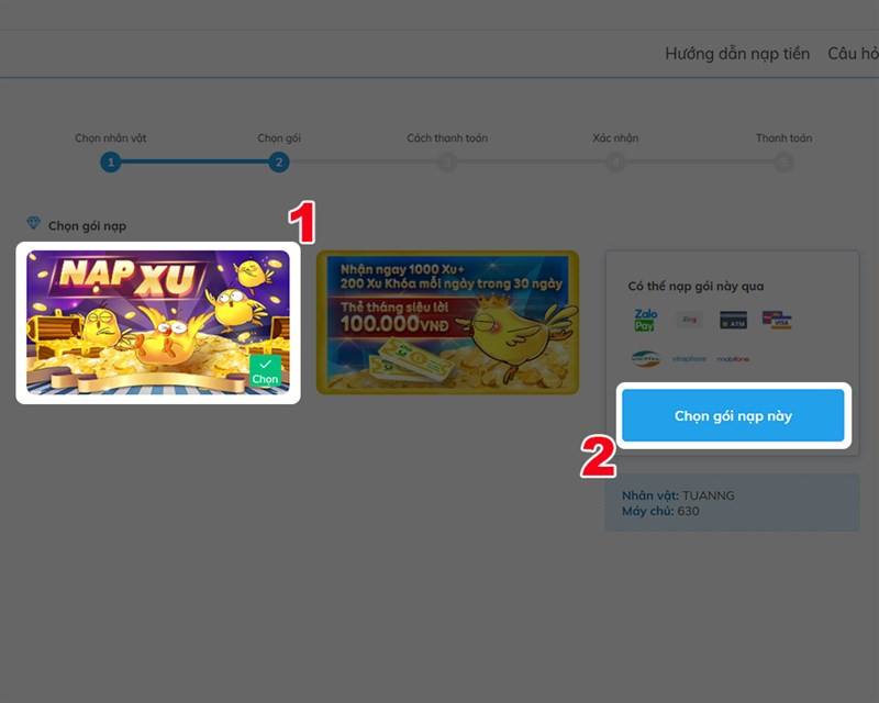 Chọn gói nạp và phương thức thanh toán Gunny Mobi