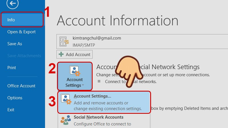 Chọn Info, ở mục Account settings chọn Account settings...