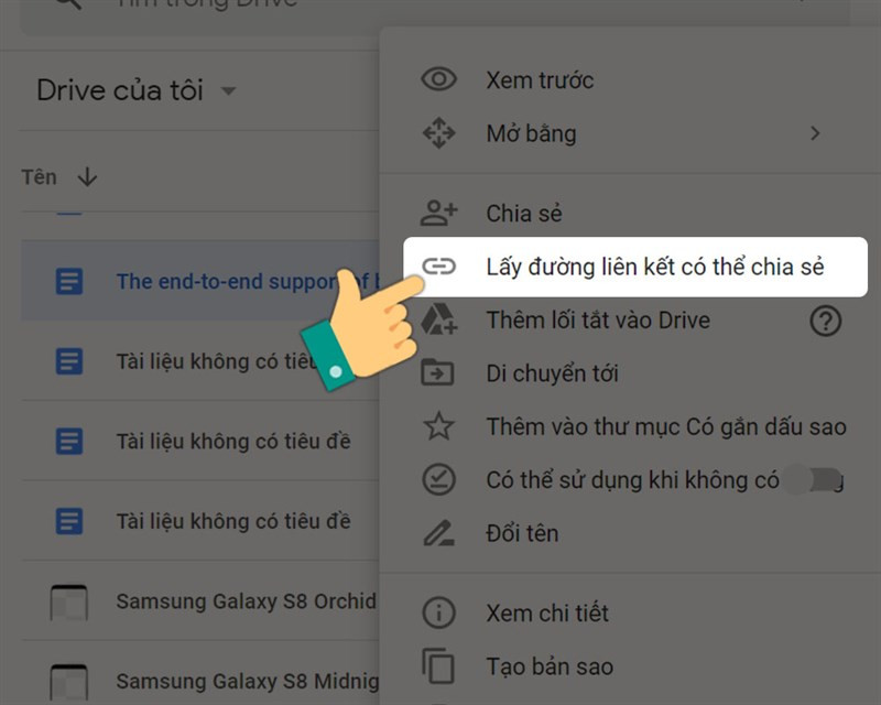 Chọn "Lấy đường liên kết có thể chia sẻ" trên Google Drive