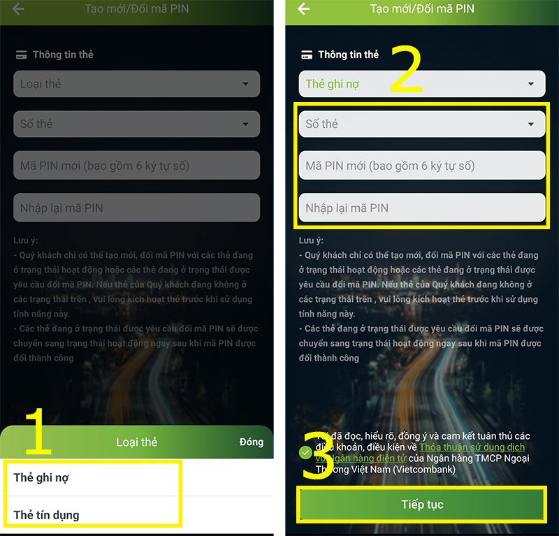 Chọn Loại thẻ, nhập thông tin và nhấn Tiếp tục