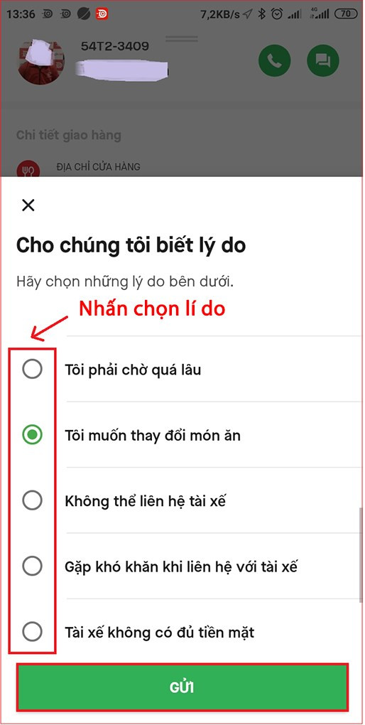 Chọn lý do hủy GoFood và gửi