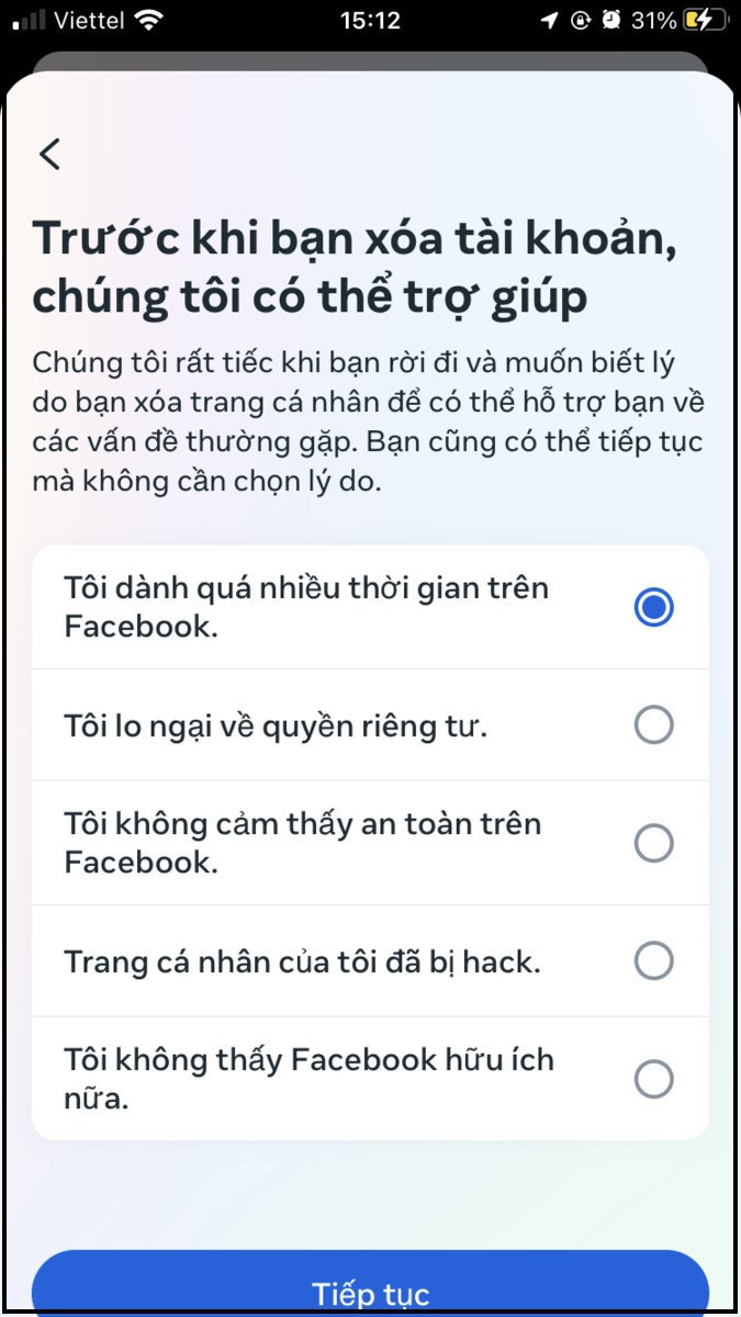 Chọn lý do muốn xóa hoặc khóa trên facebook