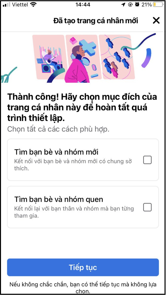 Chọn mục đích sử dụng trang cá nhân facebook